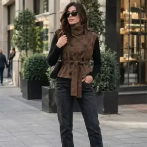 جاكيت نسائي قصير كت شامواه ليكرا فاخر بحزام خصر - كود 405