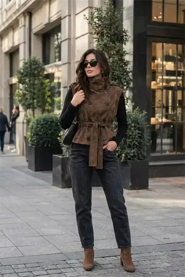 جاكيت نسائي قصير كت شامواه ليكرا فاخر بحزام خصر - كود 405